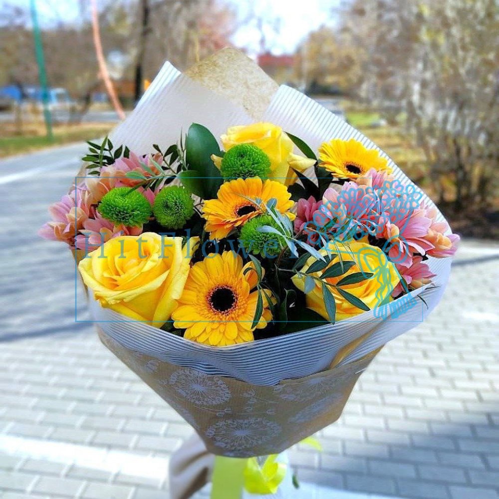 Букет цветов Солнечное Утро Букет цветов из: Розы, Герберы и Хризантемы